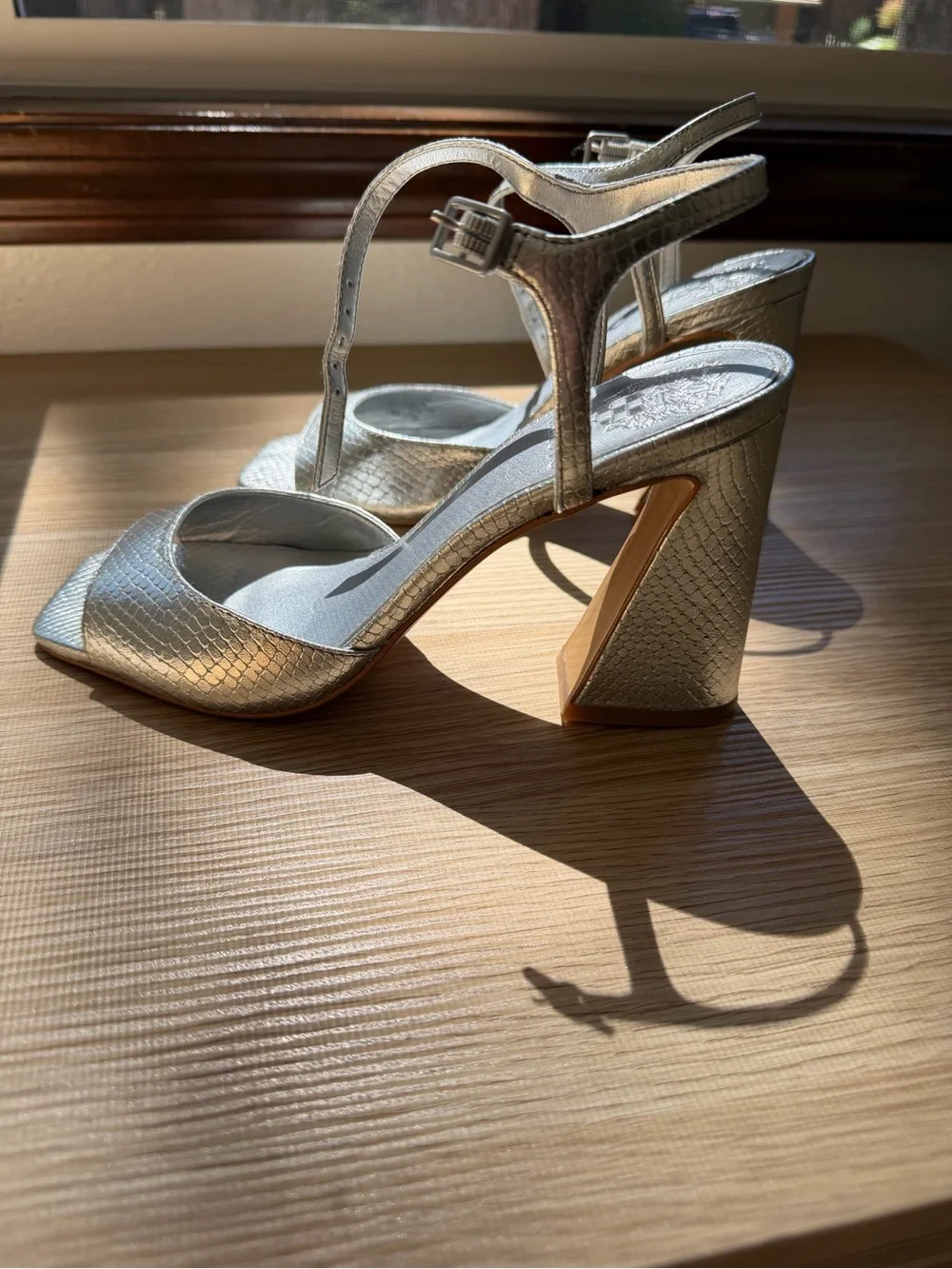 Vince Camuto Silver Textured Block Heel Sandals with Ankle Strap
